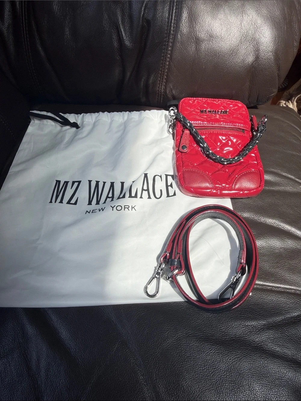 MZ Wallace Red Quilted Patent Crossbody with Chain Detail